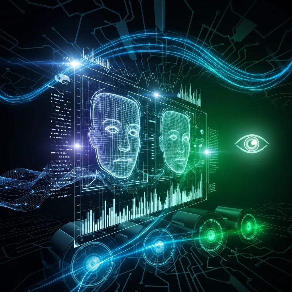 Abstract representation of AI technology in surveillance, illustrating facial recognition and data analytics