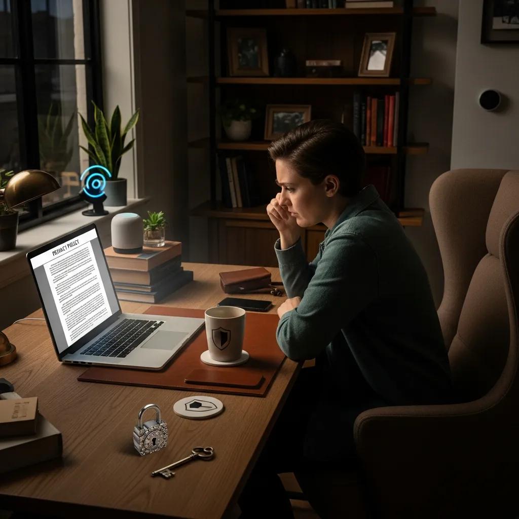 Person reviewing privacy policies related to smart surveillance technology in a home office setting